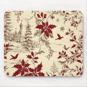 Antikes Creme Burgunder Wintervögel Stechpalmen Bl Mousepad