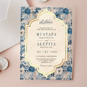 Antikes Creme Gold Blau Floral Muslimische Hochzei Acryleinladungen