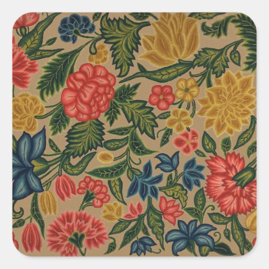 Antikes Crewel-Blumenstickereimuster Quadratischer Aufkleber (Vorderseite)
