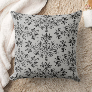 Antikes Damast Blumenmuster Schwarz Hellgrau Kissen