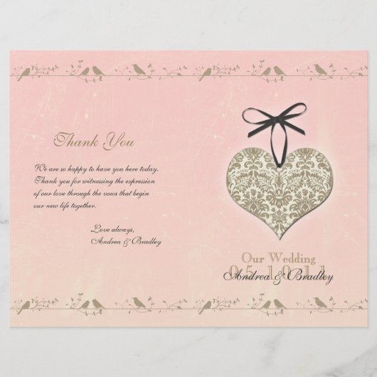Antikes Damast-Herz-Hochzeitsprogramm (Vorderseite)