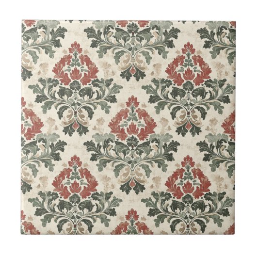 Antikes Damast Rot Grün Beige Fliese (Vorderseite)