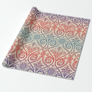 Antikes Damast-Wallpaper - blau violett rot Geschenkpapier