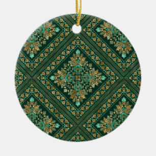 Antikes Damastmuster - Smaragdgrün und Gold Keramik Ornament