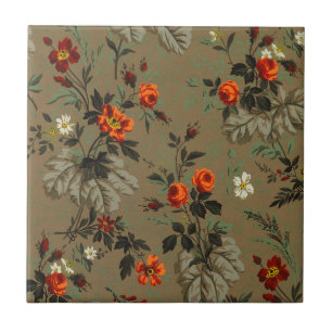 Antikes dunkles florales botanisches Muster orange Fliese