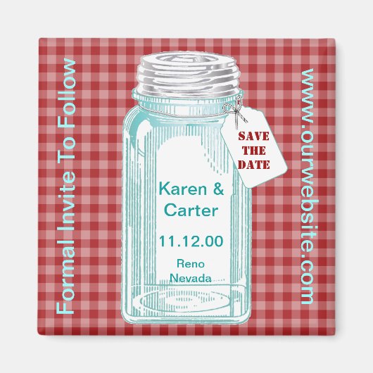 Antikes Einmachglas Rot Gingham Design Magnet (Vorne)