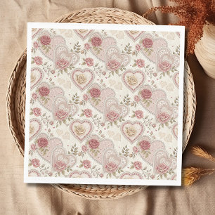 Antikes Elfenbein-Braun gefranstes Herzen Rosenmus Serviette