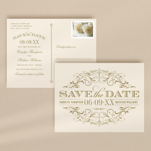 Antikes Elfenbein Gold Flourish Save the Date Ankündigungspostkarte