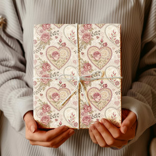 Antikes Elfenbein-Rosen-Mandala-Herzmuster Geschenkpapier