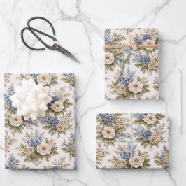 Antikes Elfenbeinblaues Erbstück Blumenbouquet Geschenkpapier Set