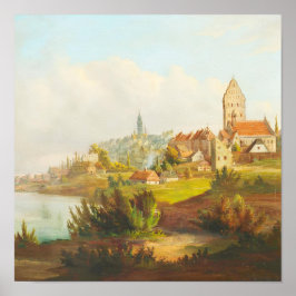 Antikes europäisches Stadtfluss-Ölgemälde Poster