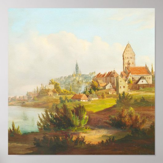 Antikes europäisches Stadtfluss-Ölgemälde Poster (Vorne)