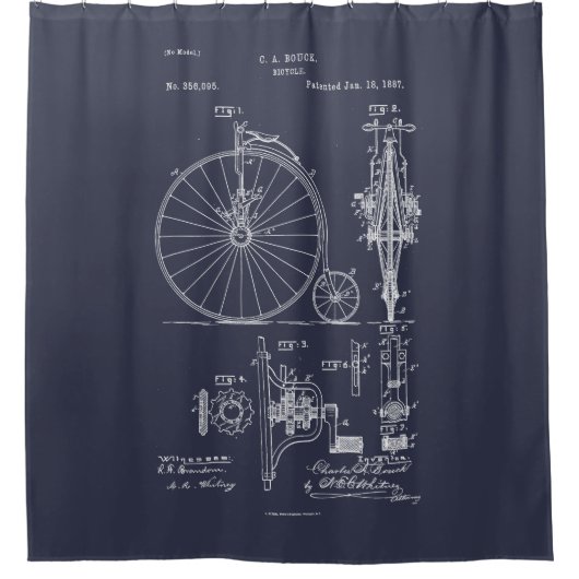 Antikes Fahrrad 1887 Penny Farthing Zeichnend Pate Duschvorhang (Vorderseite)