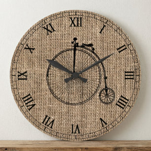 Antikes Fahrrad auf Jute Große Wanduhr