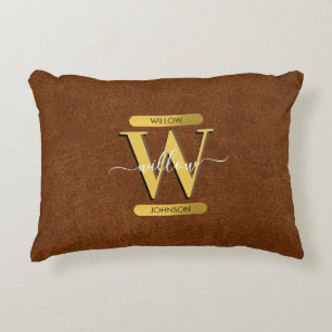Antikes falsches Leder & Gold-Monogramm Dekokissen