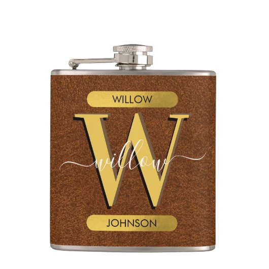 Antikes falsches Leder & Gold-Monogramm Flachmann (Vorderseite)