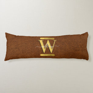 Antikes falsches Leder & Gold-Monogramm Seitenschläferkissen