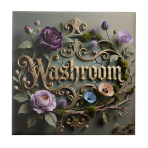 Antikes florales Badezimmer-Wort-Schild in Gold Fliese