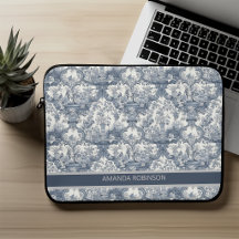Antikes florales Damast Blau Toile de Jouy Monogra