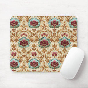 Antikes florales Damastmuster in Türkis und Burgun Mousepad