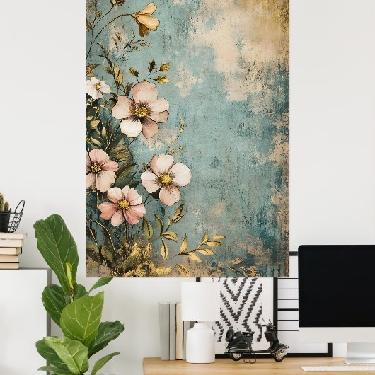 Antikes florales Design mit texturiertem oder geal Poster (Heimbüro)
