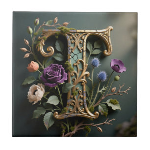 Antikes florales goldenes Monogramm Buchstabe T Fliese