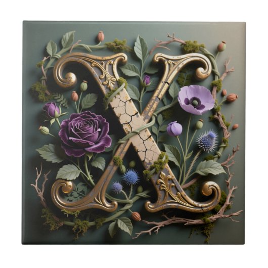 Antikes florales goldenes Monogramm Buchstabe X Fliese (Vorderseite)