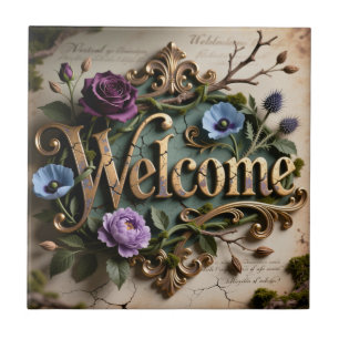 Antikes florales goldenes Willkommens-Rundschild Fliese