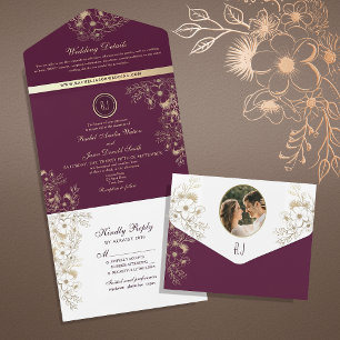 Antikes Florales Lila Monogramm Hochzeit All In One Einladung