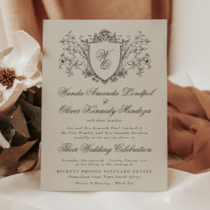 Antikes florales Wappen-Creme-Kohle-Hochzeit Einladung
