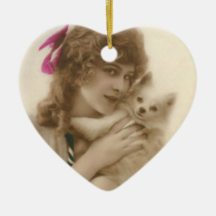 Antikes Foto einer viktorianischen Frau mit Hund Keramikornament