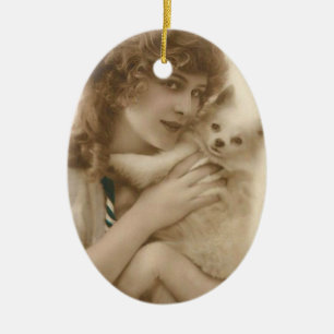 Antikes Foto Viktorianische Frau und Hund Keramik Ornament