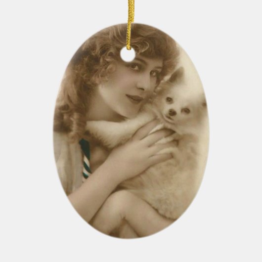 Antikes Foto Viktorianische Frau und Hund Keramik Ornament (Vorne)