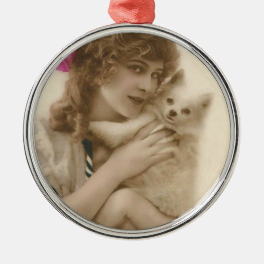 Antikes Foto Viktorianische Frau und Hund Silbernes Ornament (Vorne)