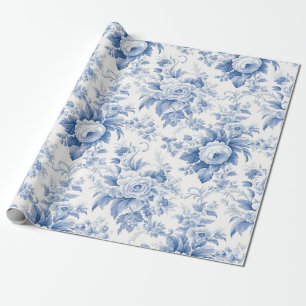Antikes französisches Blumen-Toile-Blau-Verpackung Geschenkpapier