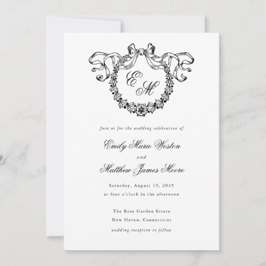 Antikes französisches Monogramm Kranz Elegante Hoc Einladung (Vorderseite)