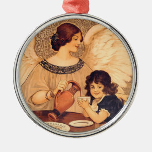 Antikes französisches Schokoladen-Engel-Plakat: Vi Silbernes Ornament
