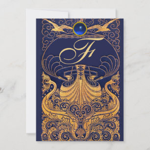 Antikes Gefäß, Delfine, Gold, Marineblau Monogramm Einladung