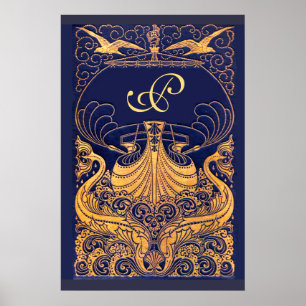 Antikes Gefäß, Delfine, Gold, Marineblaues Monogra Poster