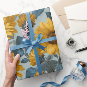 Antikes Gelbes Sonnenblumen Blaues Blumenmuster Geschenkpapier