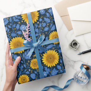 Antikes Gelbes Sonnenblumen Blaues Blumenmuster Geschenkpapier