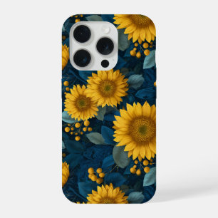 Antikes Gelbes Sonnenblumen Blaues Blumenmuster iPhone 15 Pro Hülle