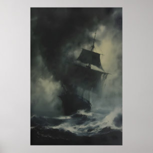 Antikes Gemälde von Meereswellen mit Schiff, Pirat Poster
