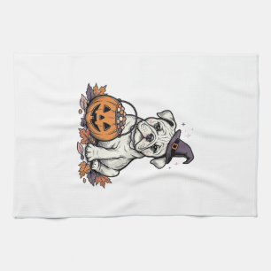 Antikes geprägtes Halloween-Bulldogg-Kürbisdesign_ Geschirrtuch