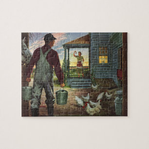 Antikes Geschäft, Bauernhof mit Landwirt und Hühne Puzzle