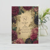 Antikes Gold Barock und Burgund Dahlia Romantik Einladung (Stehend Vorderseite)
