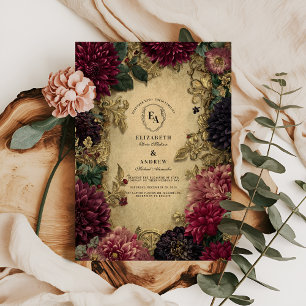 Antikes Gold Barock und Burgund Dahlia Romantik Einladung