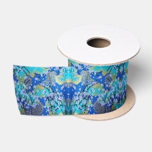 Antikes Gold Blau Japanischer Kimono Floral Blume Satinband