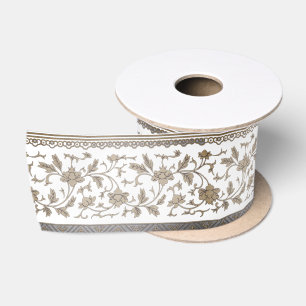 Antikes Gold Chinoiserie Blumenmuster mit abgenutz Satinband