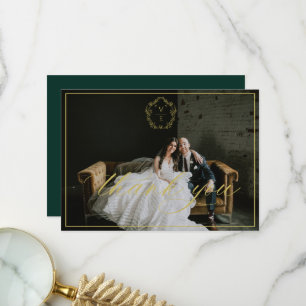 Antikes Gold Crest Monogramm Hochzeitsfoto Smaragd Dankeskarte